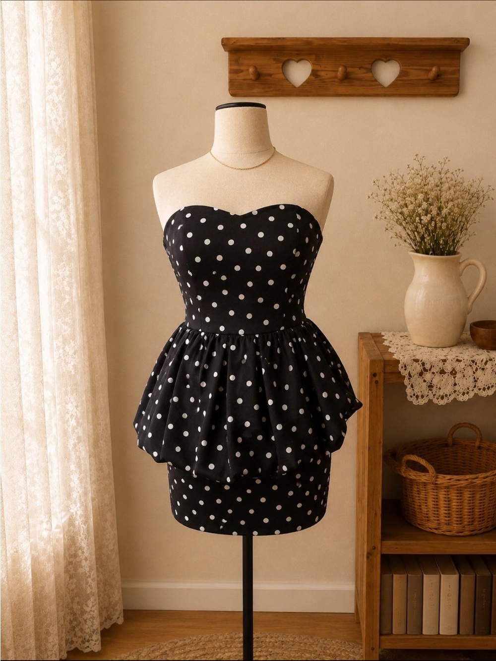 Strapless Black Polka Dot Peplum Mini Dress S
